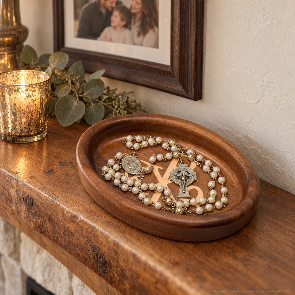 Rosary Tray - Chi-Rho (Walnut with Maple Inlay)