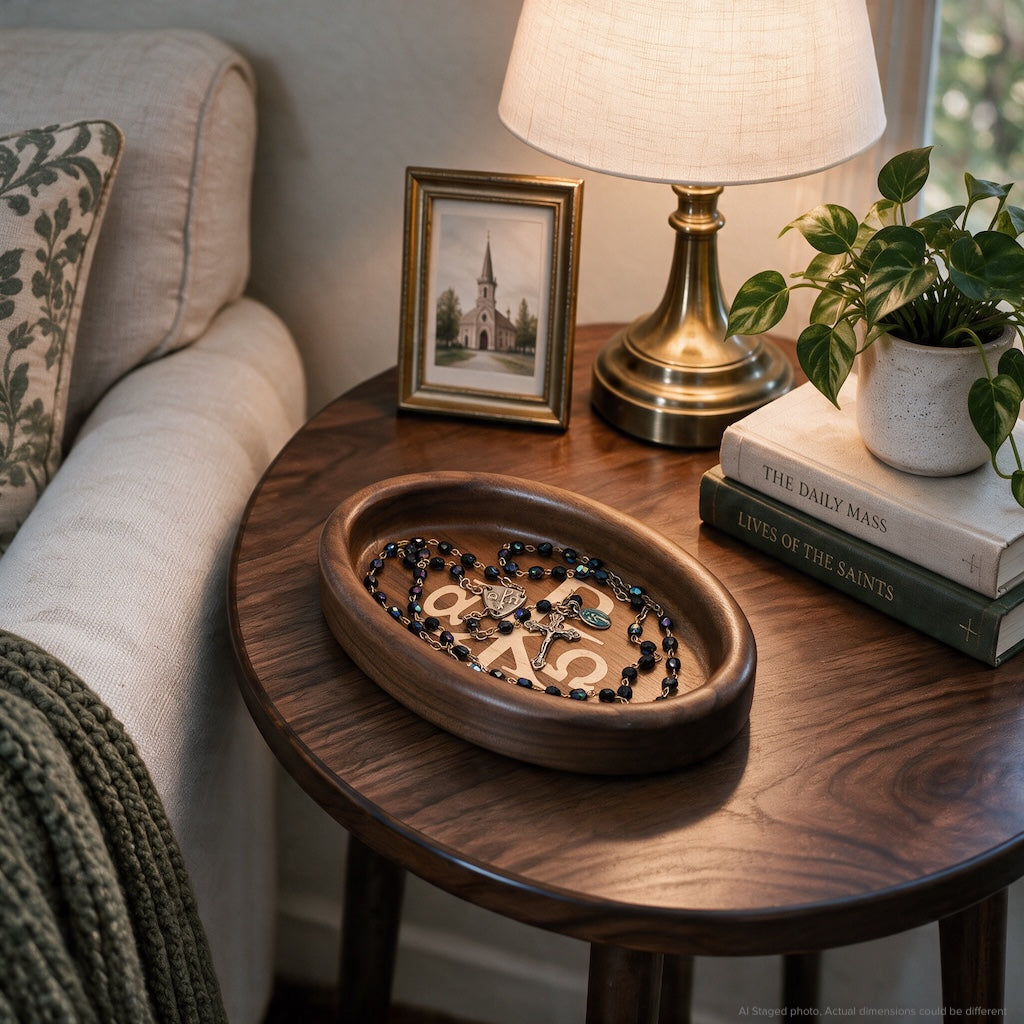 Rosary Tray - Chi-Rho (Walnut with Maple Inlay)
